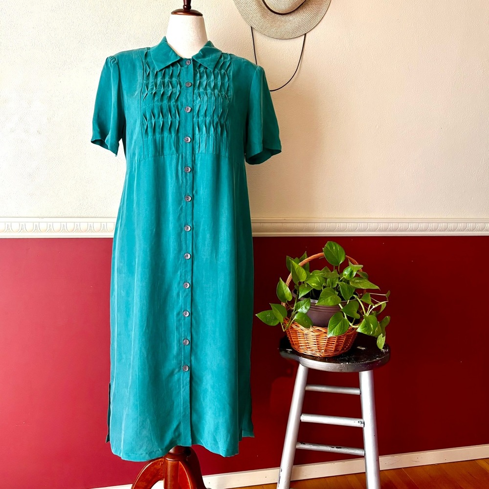 Vintage 90s Liz Claiborne Teal Rayon Pleated Tuxedo Midi Shirt Dress 14 Tie Back